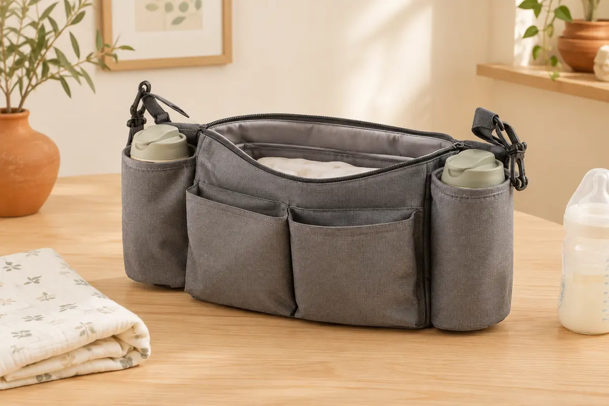 Organisateur de poussette Philorn gris avec poches et porte-gobelets, posé près d’une couche pliée et d’un biberon.
