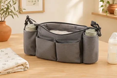 Organisateur de poussette Philorn gris avec poches et porte-gobelets, posé près d’une couche pliée et d’un biberon.