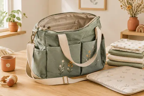 Sac à langer cabas en coton ouvert, avec ses poches et des accessoires de change sur une surface claire