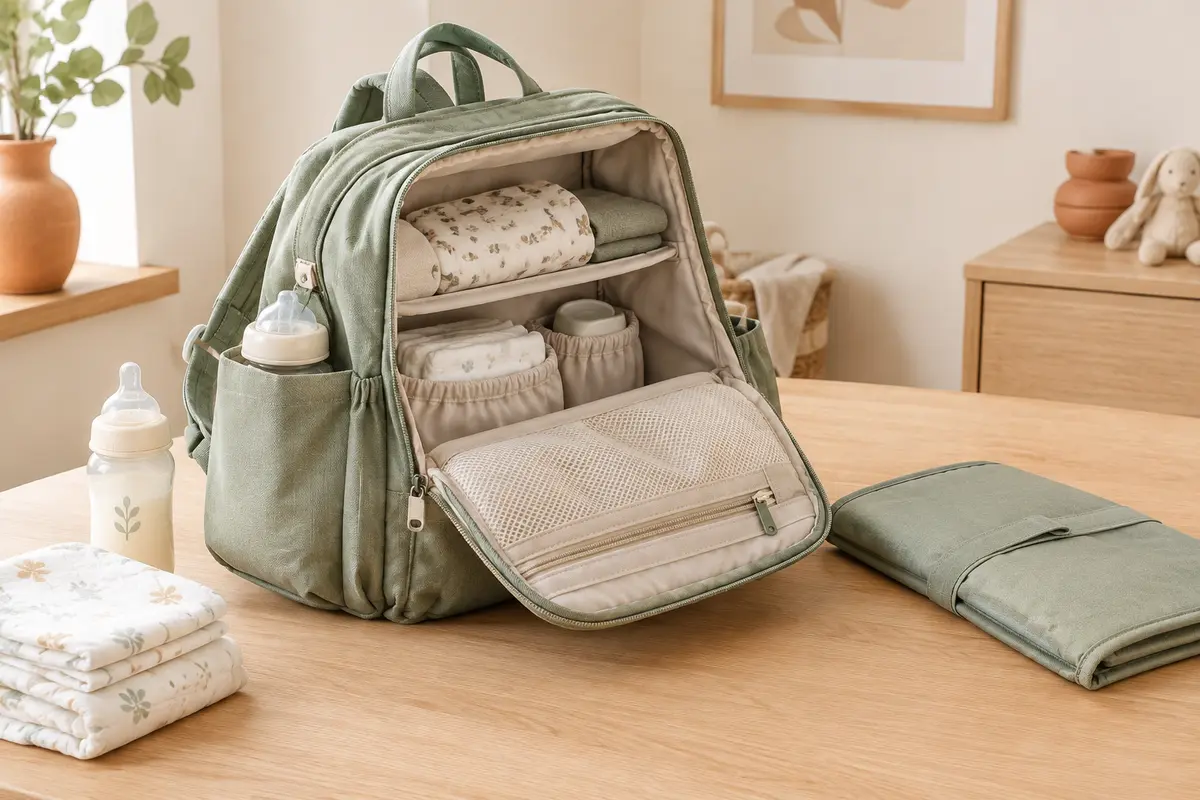 Sac à dos à langer vert ouvert avec compartiments, tapis nomade, couches pliées et biberon sur une table claire