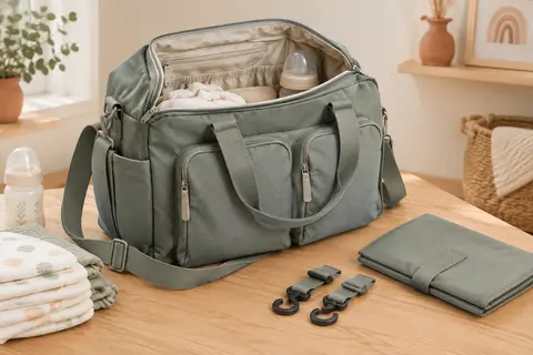 Sac à langer ouvert avec compartiments, tapis nomade et crochets posés sur une table en bois clair.
