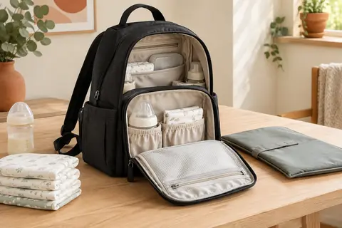 Sac à dos à langer noir ouvert avec matelas, couches pliées et biberon sur une surface en bois clair