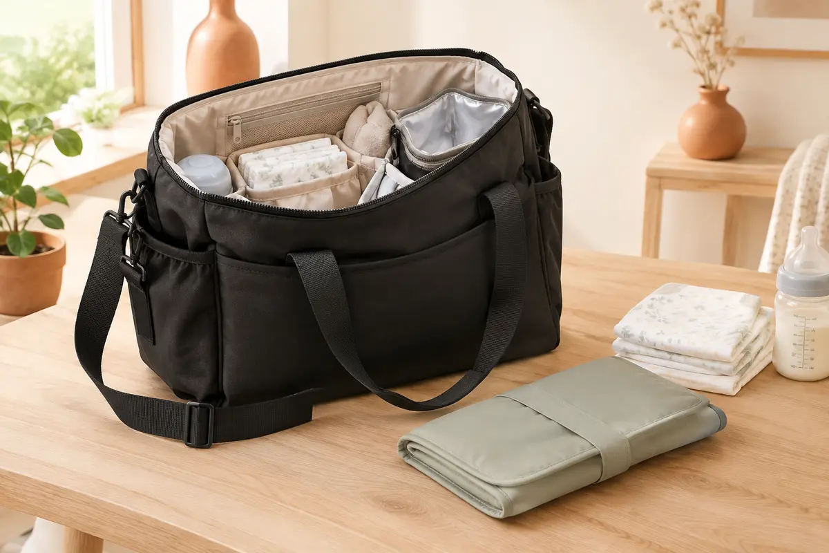 Sac à langer noir ouvert avec matelas nomade, couches pliées et biberon dans un intérieur lumineux.