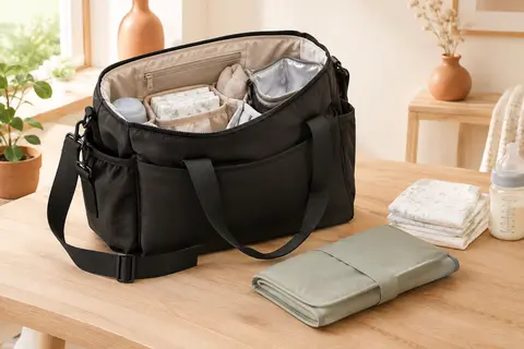 Sac à langer noir ouvert avec matelas nomade, couches pliées et biberon dans un intérieur lumineux.