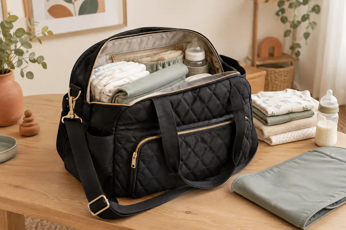 Sac à langer bandoulière noir matelassé ouvert, avec couches, matelas nomade et biberon sur une table en bois clair.