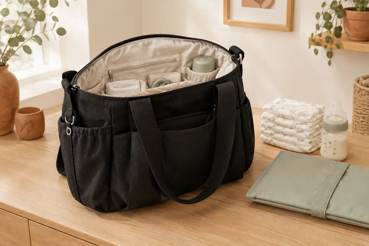 Sac à langer cabas noir ouvert avec ses rangements, son matelas pliable et des accessoires de bébé