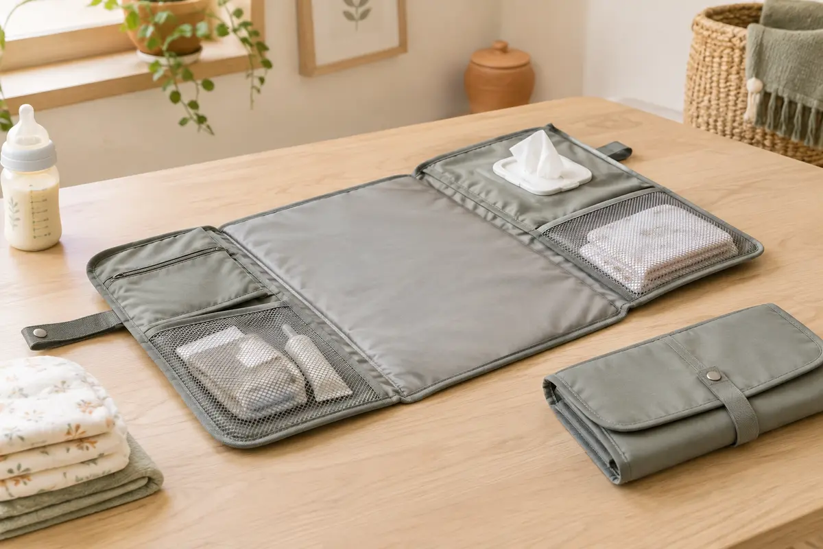 Tapis à langer nomade gris déplié sur une surface en bois, avec ses poches visibles et des couches pliées.