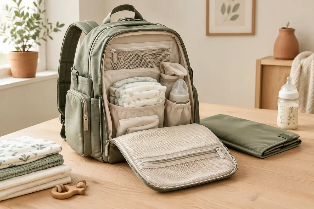 Sac à dos à langer kaki ouvert avec ses rangements, un matelas pliable et des accessoires de bébé