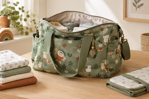 Sac de maternité fourre-tout vert en coton, ouvert sur une surface en bois avec des couches pliées.