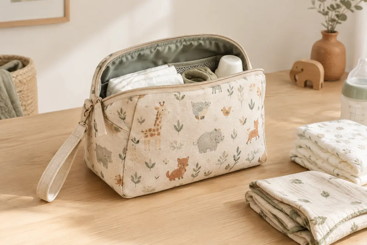 Petit sac à langer beige en coton, ouvert sur une surface en bois avec quelques accessoires de change.