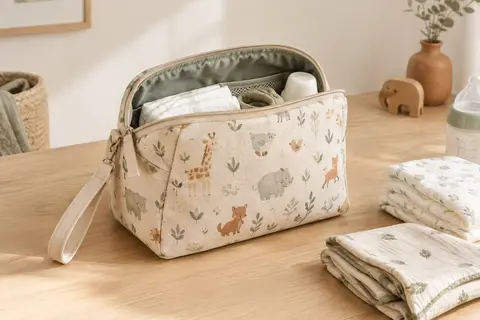 Petit sac à langer beige en coton, ouvert sur une surface en bois avec quelques accessoires de change.