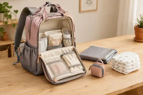 Sac à dos à langer rose grisé et gris ouvert, avec ses poches, un coussinet de change et des couches.