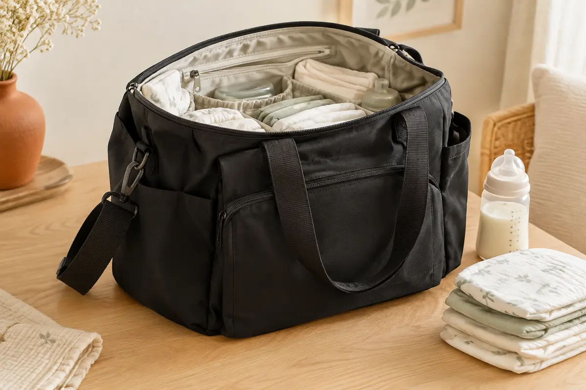 Sac à langer noir ouvert, avec poches intérieures, couches pliées et biberon sur une surface en bois