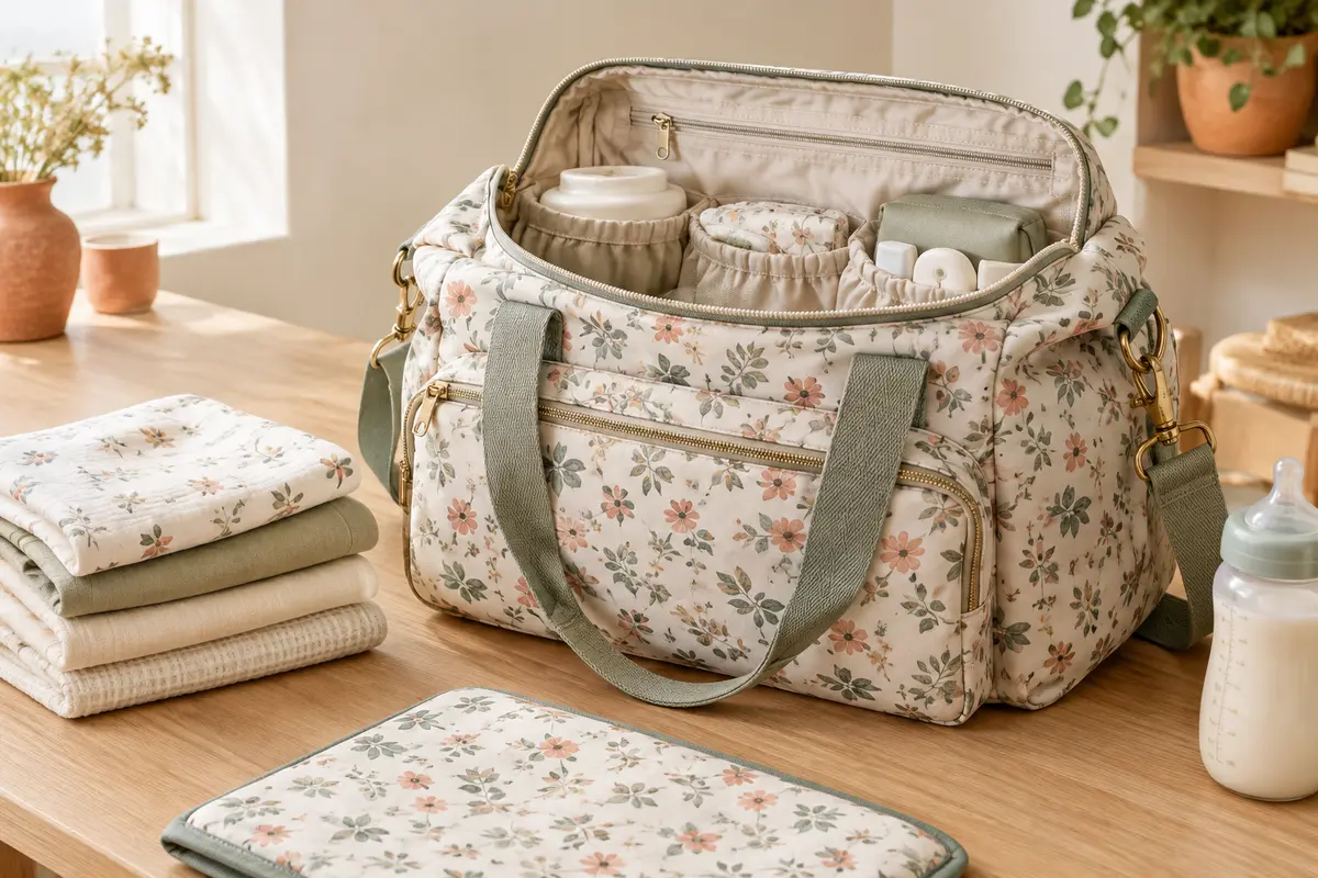 Sac à langer Suavinex à motif floral, ouvert sur une table avec couches pliées et biberon.