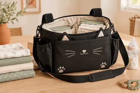 Organisateur de poussette noir à motif chat, ouvert avec ses deux poches latérales et sa bandoulière.