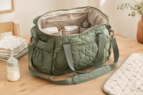 Sac à langer matelassé vert cactus ouvert, avec ses poches, un matelas à langer, des couches et un biberon.