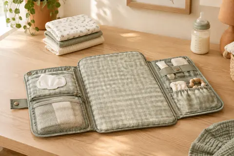 Tapis à langer nomade à carreaux vert sauge, déplié avec ses poches sur une surface en bois clair.