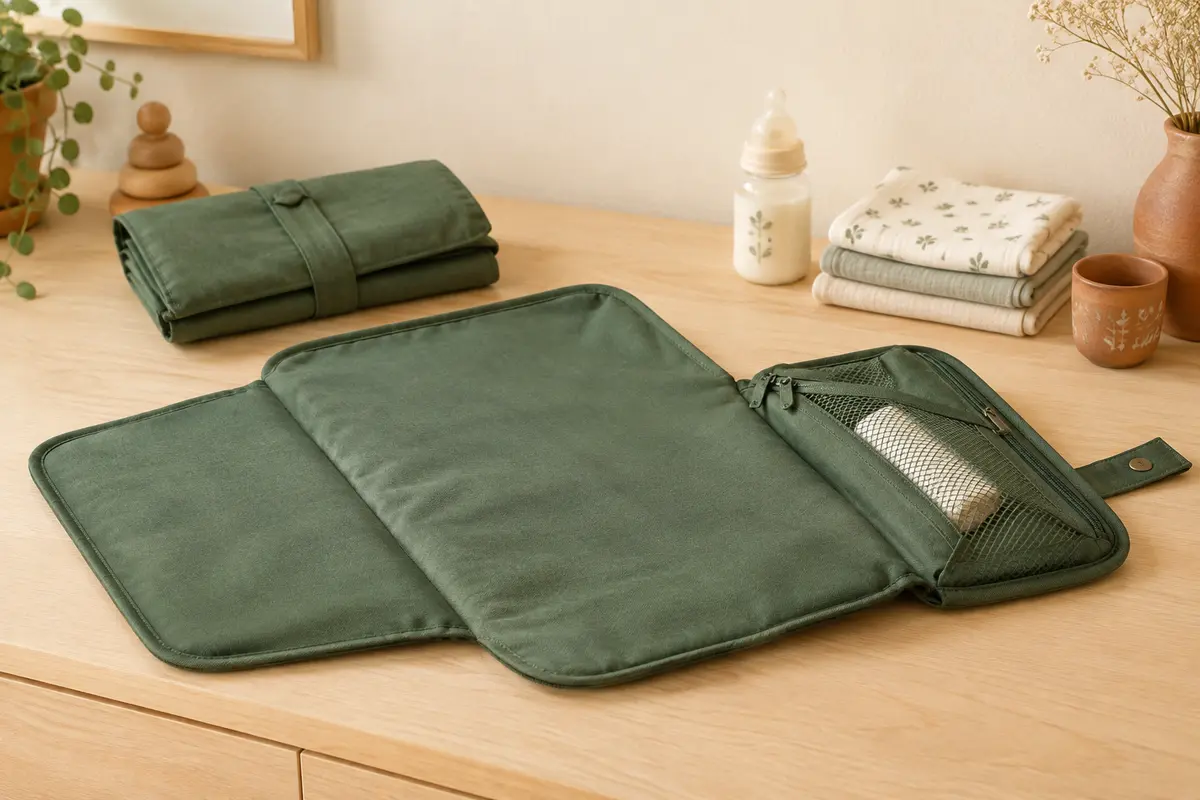 Matelas à langer nomade vert forêt déplié sur une surface en bois clair, près d’une couche pliée.