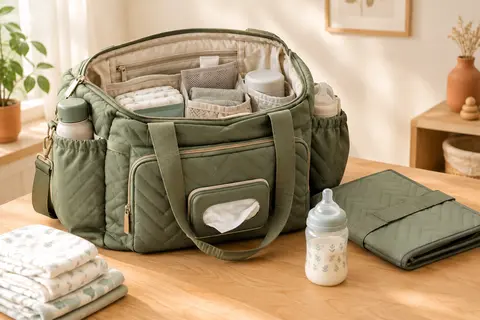 Sac à langer vert ouvert avec compartiments, matelas nomade et couches pliées sur une surface en bois