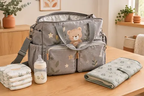 Sac à langer gris ouvert avec poches zippées, bandoulière et matelas pliable posé à côté