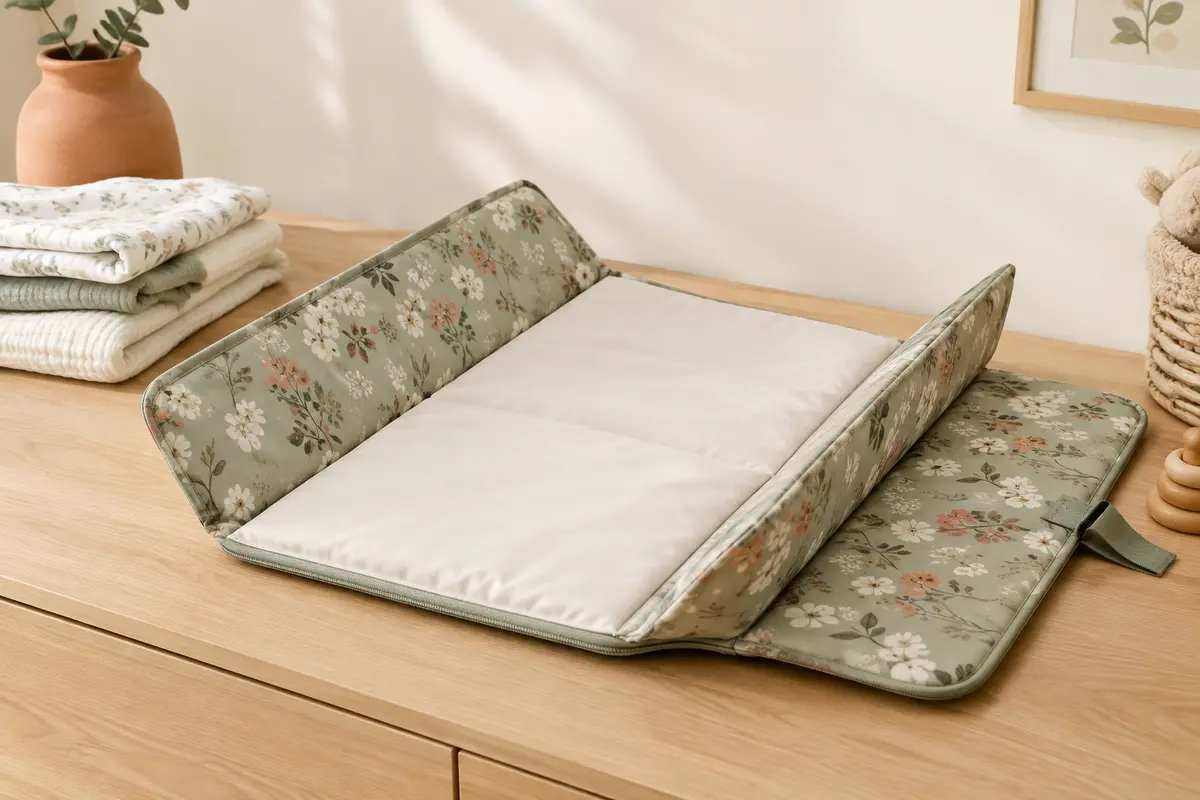Matelas à langer nomade pliable à motif floral posé ouvert sur une surface en bois clair