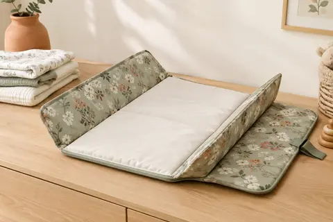 Matelas à langer nomade pliable à motif floral posé ouvert sur une surface en bois clair