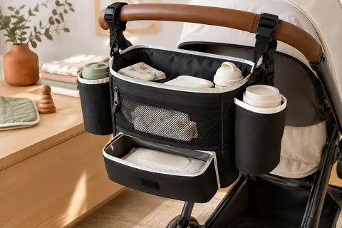 Organisateur de poussette noir et blanc avec poches, attaches réglables et deux porte-gobelets