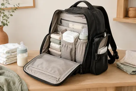 Sac à dos à langer noir ouvert avec rangements visibles, couches pliées et biberon sur une surface en bois