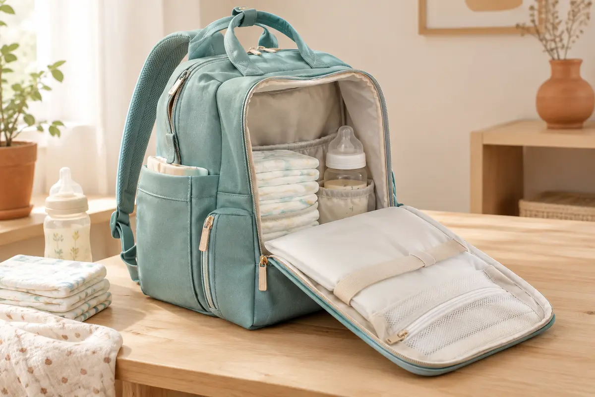 Sac à dos à langer cyan ouvert avec matelas nomade, couches pliées et biberon dans un intérieur clair.