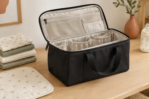 Organiseur de poussette noir ouvert, avec poches intérieures, poignées courtes et couches pliées à côté.
