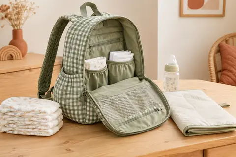 Sac à dos à langer vert à motif vichy ouvert sur une table en bois, près de couches et d’un matelas nomade.