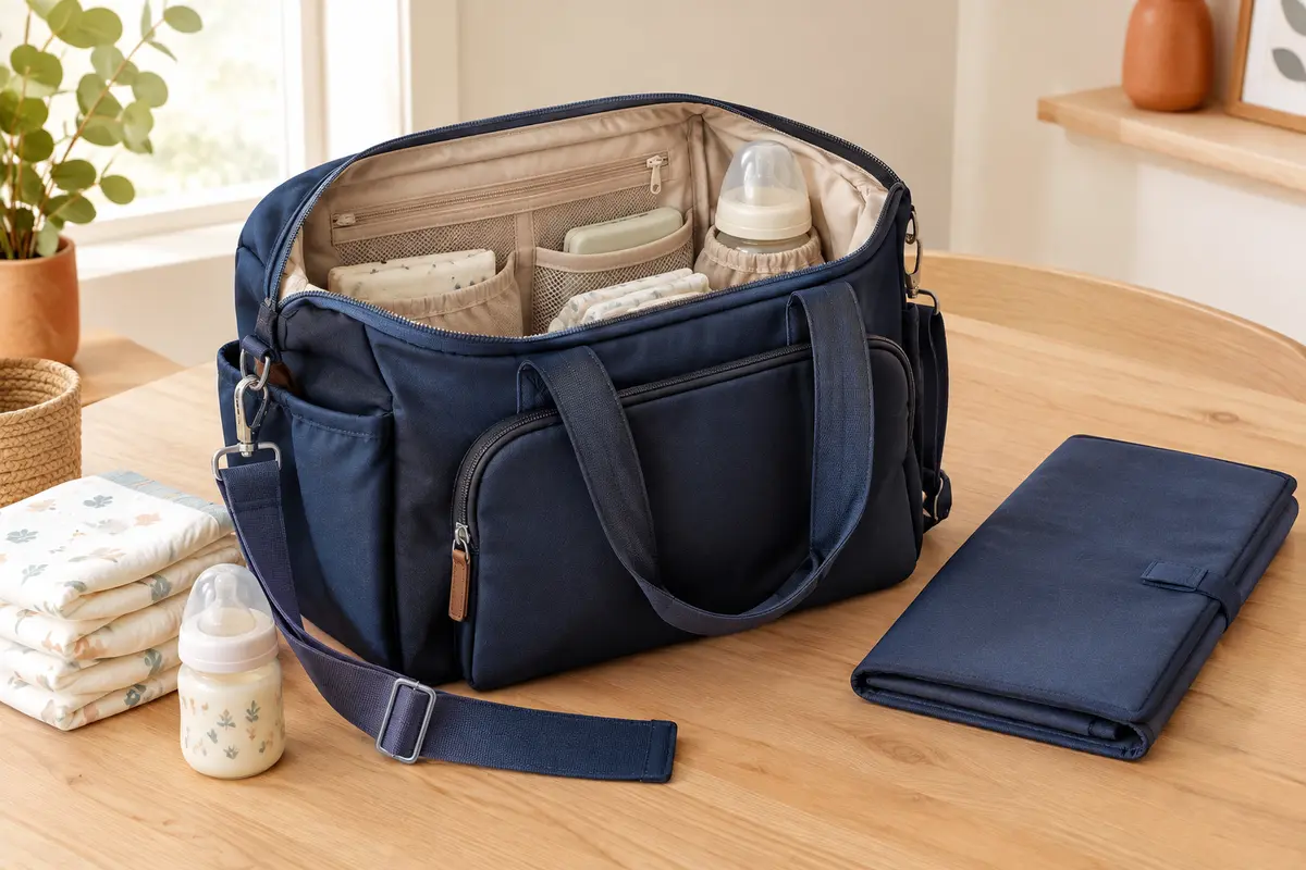 Sac à langer bleu marine ouvert avec poches visibles, matelas plié et accessoires de change sur une table en bois