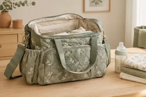 Sac à langer matelassé ouvert, avec poches extérieures, poignée amovible et accessoires de bébé