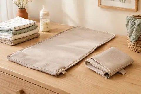 Matelas à langer nomade beige déplié sur une surface en bois, avec couches pliées et biberon