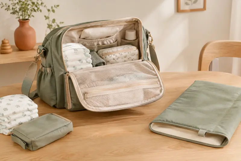 Sac à langer ouvert près d’un matelas nomade, dans un intérieur crème aux détails de bois blond.
