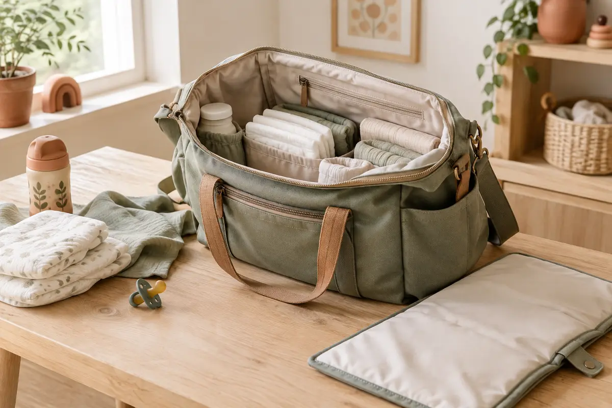 Sac à langer ouvert et accessoires de change posés dans un intérieur lumineux aux tons naturels.